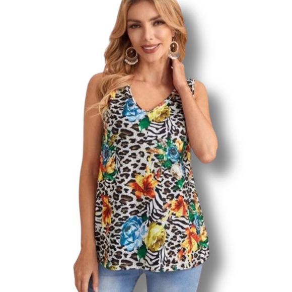 Boheme Tops - New Bohemian Leopard Floral Print V Neck Regular Fit Tank Top Blouse Size M